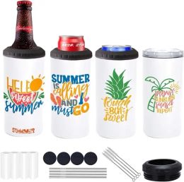 16oz Sublimation Blank tumblers Skinny 4 in 1 Can Cooler with 2 lid Stainless Steel Double Wall Insulated Beer Bottles Coolers Slim Can Holder for Drinks 1012