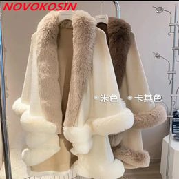 Shawls Winter Women Poncho Shawl Cloak Two Layers Hanging Dye Big Faux Fur Collar Long Loose Cape Thick Warm Outer Streetwear Coat 231012