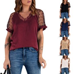 2023 Summer Lace Short Sleeve Solid Top for European and American Women's T-Shirt Fit V-neck Pullover Tops Tees