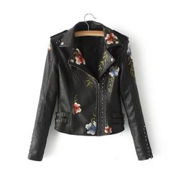 Women's Leather Faux Embroidery faux leather PU Jacket Women Spring Autumn Fashion Motorcycle Black coats Outerwear 2023 Coat 231011