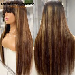 Synthetic Wigs Rebecca Straight Human Hair Wigs With Bangs Ombre Wig For Women Silk Brown Blonde Highlight Machine Made Wig 100% Peruvian Remy 231012