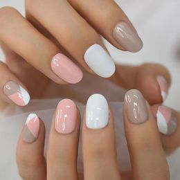 False Nails Pink White Khaki Fake Multicolor Press On Fingernails Short Round Full Cover Gel Shine Nail Art Salon Home DIY