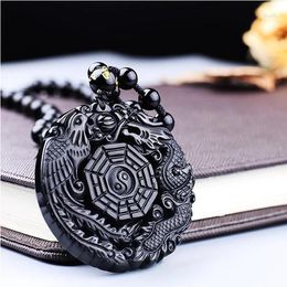 Pendant Necklaces Black Obsidian Carving Dragon And Phoenix Necklace Lucky