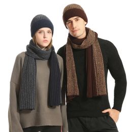 Scarves Men's Autumn Winter Keep Warm Set Unisex Beanie Gloves Scarf Male Woollen Yarn Knitted Muffler Spring Fall Contrast Colour Hat 231012