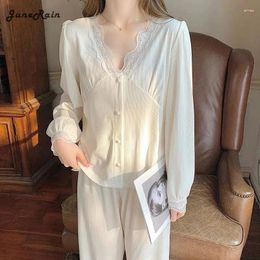 Women's Sleepwear Pajama Sets Solid Lace V-neck Women Sweet Cute Kawaii Casual Long Sleeve Home Lounge Wear Loose Leisure Sexy