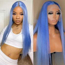 Brazilian Light Blue Colored Body Wave Lace Front Human Hair Wig Straight Pre Plucked HD Transparent Synthetic Lace Frontal Wigs For Women