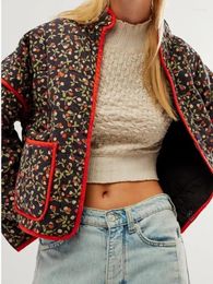 Women's Jackets Women Fashion Print Patchwork Cotton Jacket Vintage Long Sleeves With Pocket Short Coats 2023 Autumn Ladies Chic High