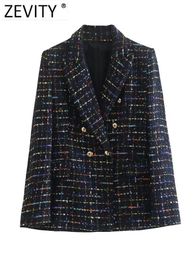 Women's Wool Blends ZEVITY Women Vintage Notched Collar Colourful Ribbon Plaid Tweed Woollen Blazer Coat Female Outerwear Chic Suits Veste Tops CT2982 231011