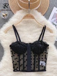 Women's Tanks SINGREINY Sexy Corset Lingerie Top Spaghetti Strap Sheer Slim Mesh Short Camisole 2023 Women Polka Dot Backless Sensual Tank