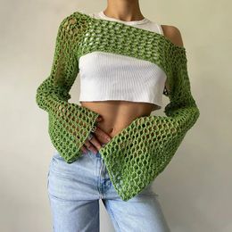 Women's T-Shirt Long Sleeve Crochet Top Summer Womens Knitted Crop Top Knitted Mesh Top Green Openwork Beach Smock Y2k Streetwear 231011