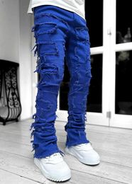 Jeans Skinny Fringe Hip-Hop Edge Elastic Patch Punk Rock Long Tight Fit Stacked Denim Pants Blue Pink 434