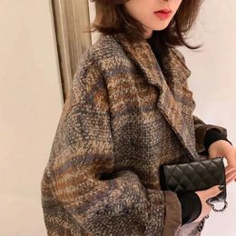 Women's Wool Blend Winter Korean Woollen Plaid Jacket Tweed Vintage Loose Female Coat Slim Double Breasted Lapel Spliced Button Overcoat 231011