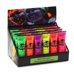 Body Paint 24pcs/set Neon Fluorescent Paint Face Body Painting 6 Colors Luminous UV Paints Face Make Up for Birthday Halloween Party 231012