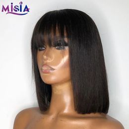 Synthetic Wigs MISIA Straight Bob Human Hair Wigs With Bang Full Machine Made Wigs Brazilian Remy Human Hair Bob Wigs For Woman 14 inch 231012