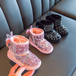 Boots Winter Girls Snow Thicken Warm Kids Cotton Shoes Fashion Sequins Cute Children Short 231012