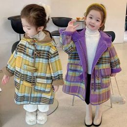 Jackets Girls Woollen Coat 2023 Korean Fashion Children Hooded Outerwear Winter Long Warm Plus Thicken Children's Clothing
