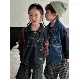 Jackets Kids Denim Vest 2023 Spring Autumn Fashion Cotton Irregular Waistcoat For Baby Boys And Girls Handsome Solid Colour Jacket