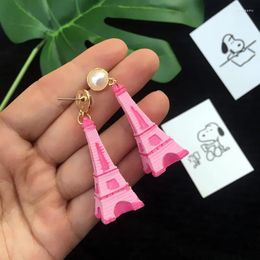 Stud Earrings Korean Fashion Pink Cute Eiffel Tower For Women 2023 Pearl Earring Studs Girls Sweet Love Gift Fine Jewelry Making