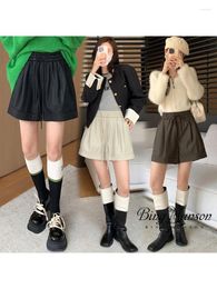 Women's Shorts Autumn/Winter Korean PU Washed Leather Boots Pants Slim High Waist Small A-line Strap Casual Wide Leg