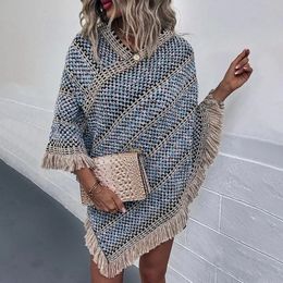 Shawls Womens Vneck Ethnic Style Shawl Pullover Thick Knitted Cape Boho Striped Print Tassel Loose Coat For Women 231012