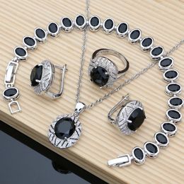 Wedding Jewellery Sets Black Obsidian 925 Silver Hoop Earrings Rings Accessorie Wdding Fine Jewellry Necklace Set Drop 231012