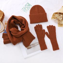 Scarves 3pcs Winter Scarf Hat Gloves Sets for Women Solid Colour Knit Beanies Hat Women Scarves Long Gloves Set Gift for Family 231012