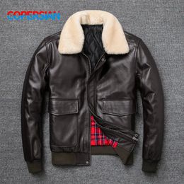 Men's Leather Faux Leather Air Force Flight Jacket Fur Collar Genuine Top Layer Cow Leather Jacket Men Black Brown Cow Coat Men's Winter Jacket 231012