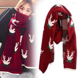 Scarves Christmas Elk Printed Scarf Double-sided Crochet Knitted Fashion Imitation Cashmere Shawl Winter Warm Collar Women Gift