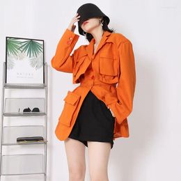 Women's Jackets Early Autumn Workwear Style Orange Suit Coat Loose Casual Multi Pocket Lace Up Waist Show Slim Jacket For Women