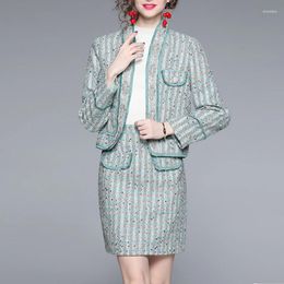 Work Dresses Women Tweed Two Piece Set Small Fragrance Autumn Temperament Jacket Crop Tops High Waist Mini Skirt Suits