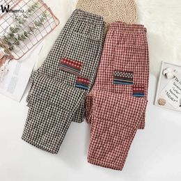 Women's Pants Loose Elastic High Waist Warm Cotton Pantalones Mother's Casual Quilted Thicken Vintage Patchwork Plaid Winter Women