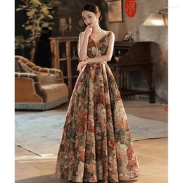 Party Dresses Vintage Women's Evening Dress V-neck Sleeveless Bandage Pleated Floral Print Vestidos Elegant Female Floor Length Gowns