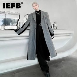 Men's Wool Blends IEFB Fashion Men Woolen Overcoat Irregularity Personality Spliced Long Coat Trend Mid Length Korean Style Trench 9C2701 231011