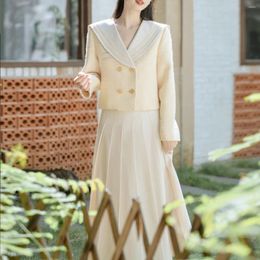 Two Piece Dress College Style Set Women's Korean Double Breasted Crop Coats Jackets Top Slim A-Line Pleated Skirt Suit Fall Sets