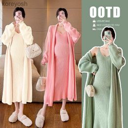 Maternity Dresses Maternity Dresses Suit Autumn Winter Knit Sweet Long Sweater Coat + Vest Dress Solid Set Fashion Temperament Pregnancy DressesL231012