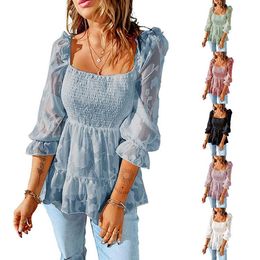 2023 European and American Summer New Solid Color Square Neck 3/4 Sleeve Chiffon Women's Shirts Ruffle Edge Versatile Top Blouses