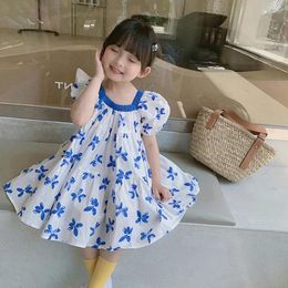 Girl Dresses Girls Blue Floral Princess Dress Kids Summer Party Baby French Style Puff Sleeve Square Collar Clothing 2-8Y Vestidos