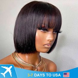 Synthetic Wigs Brazilian Human Hair Wig with Bangs Remy Straight Hair Bob Wigs Full Machine Made Wig for Women 8-16 Inches No Lace Bob Wigs 231012