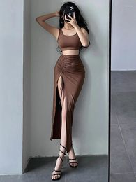 Casual Dresses Sweet European And American Sexy Short Navel Revealing Tank Long Vest High Waist Pleated Split Set W02A