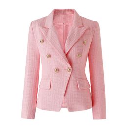 New Fashion Women Blazers Coats Lion Head Golden Buttons Double Breasted Pink Colour Suit Jacket High Quality Women's Slim Office Business Blazers