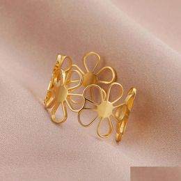 Stainless Steel Ring Vintage Daisies Flowers Open Fashion Ladies Couple Adjustable Rings For Women Jewelry Aesthetic Girls Dhgarden Otu4R