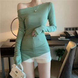 Women's T-Shirt Sexy Off Shoulder T Shirt Women Cotton Long Sleeve Top T Shirts Autumn Korean Style Slim Elastic Irregular Split Tee Shirt Femme 231011