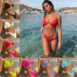 Women's Swimwear 2023 Sexy Push Up Bikini Sets Solid Black Pink Low-Cut Beach Swimsuits For Women V-Neck Padded Bathing Suit Takniki