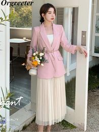 Work Dresses Women Autumn Commuter Business Wear 2 Pieces Set Pink Blazer Jacket Casual Mesh Pleated Skirt Korean Simple Suit