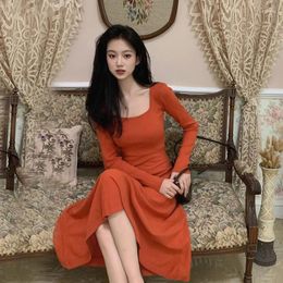 Casual Dresses Orange Autumn Winter Women Square Collar Neck Elegant Dress Solid Colour Pure Midi Sweater Medium Length Knitted Sweaters