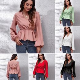 Women's Blouses Lantern Sleeve Chiffon Shirt Solid Colour Waisted V-neck Long-sleeved Tops Spring And Autumn Outer Wear Commuter Clothes