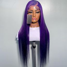 40 Inch Dark Purple Coloured Straight Lace Front Human Hair Wigs for Black Women 180% Transparent 360 Lace Frontal Wig Preplucked