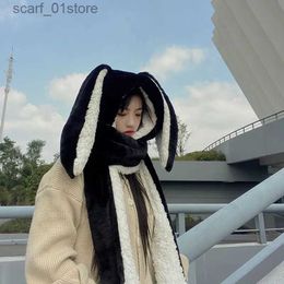 Hats Scarves Sets Fashion Scarf Hat G 3 Piece Women Cute Big Ear Bunny Winter Warm Soft Thickening Pocket Hats HoodedL231111
