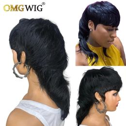 Synthetic Wigs Model Length Full Machine Made Wig With Bangs Indian Virgin Human Hair Wigs For Women Dovetail Straight Glueless 180 Denstity 231012