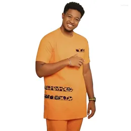 Men's Tracksuits African Traditinal Outfit Patchwork Tops With Solid Pants Orange Short Sleeves Men Sets Tailored Nigerian Groom Suit